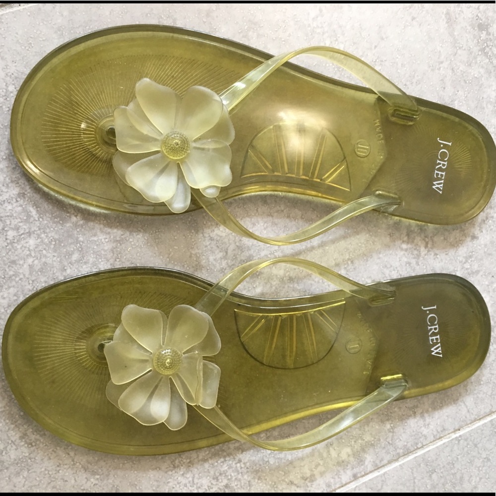 J Crew jelly flip flops with flower detail, green